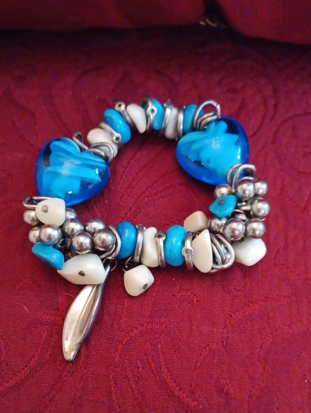 Turquoise and White Heart Charm Stretch Bracelet